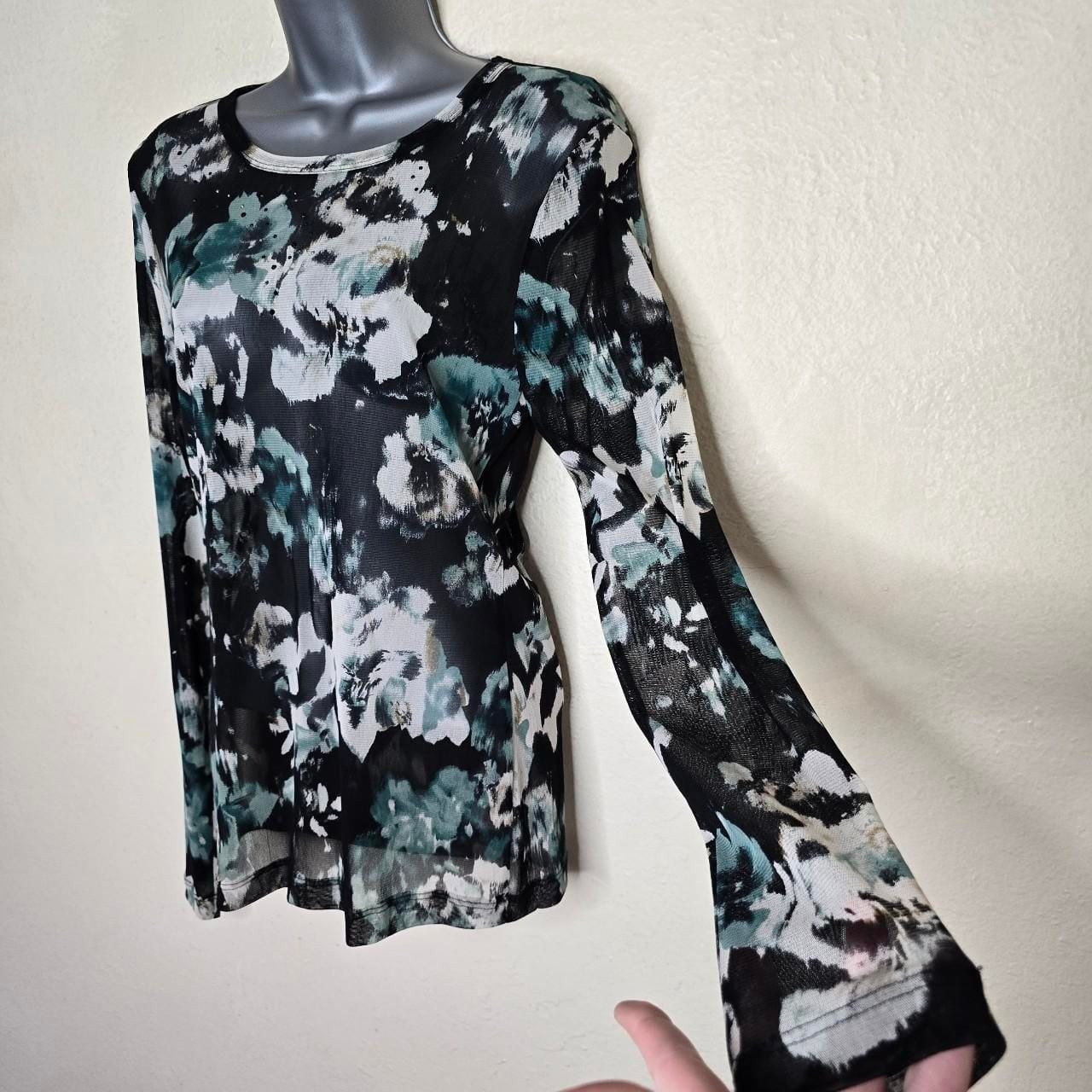 Karen Kane Abstract Floral Sheer Mesh Rhinestone Accent Top