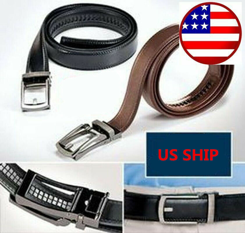 28″-48″ Men’s Leather Ratchet Dress Belts Automatic Buckle Click Sliding Belt