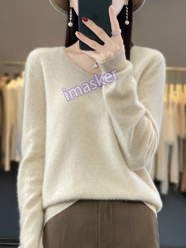Women’s V-neck Pullover Sweater Knitwear Soft Warm Cashmere Loose Grace Style