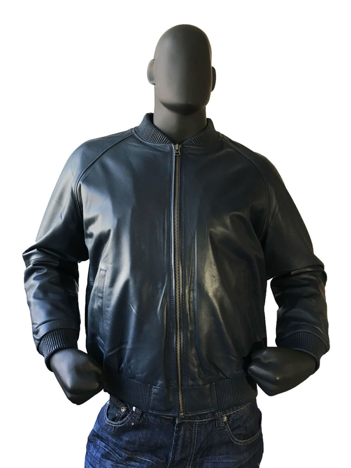 Men 100% Real Lambskin Leather Navy Blue Bomber Jacket Baseball Varsity Jacket