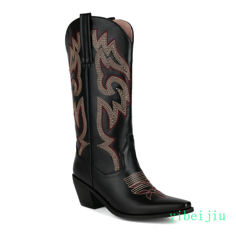Women’s Western Cowboy Mid Calf Boot Embroidery Sweet Candy Heel Leather Shoes