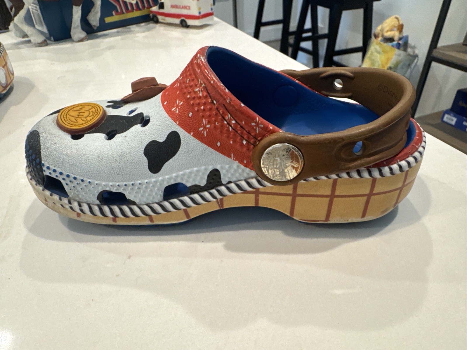 Disney Pixar, Toy Story Woody Cow Print Crocs, Size C9, Children’s, Toy Story 5