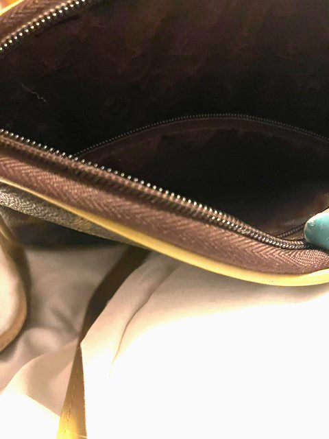 louis vuitton shoulder bag dark brown with beige strap approximately 6 X 8 “