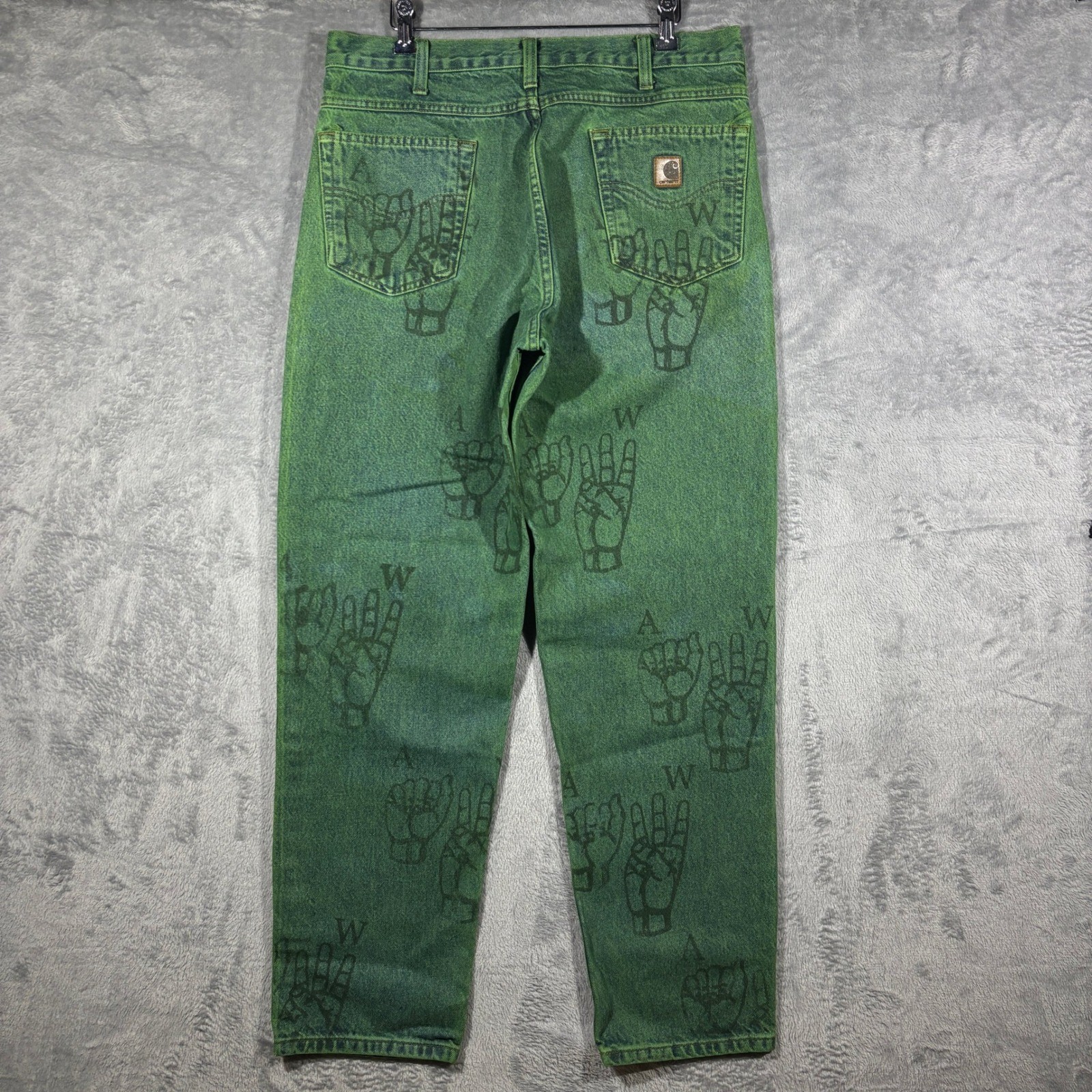 Carhartt Denim Jeans Men 35×32 B17 STW Relaxed Fit Green Hand Graphic Custom Dye