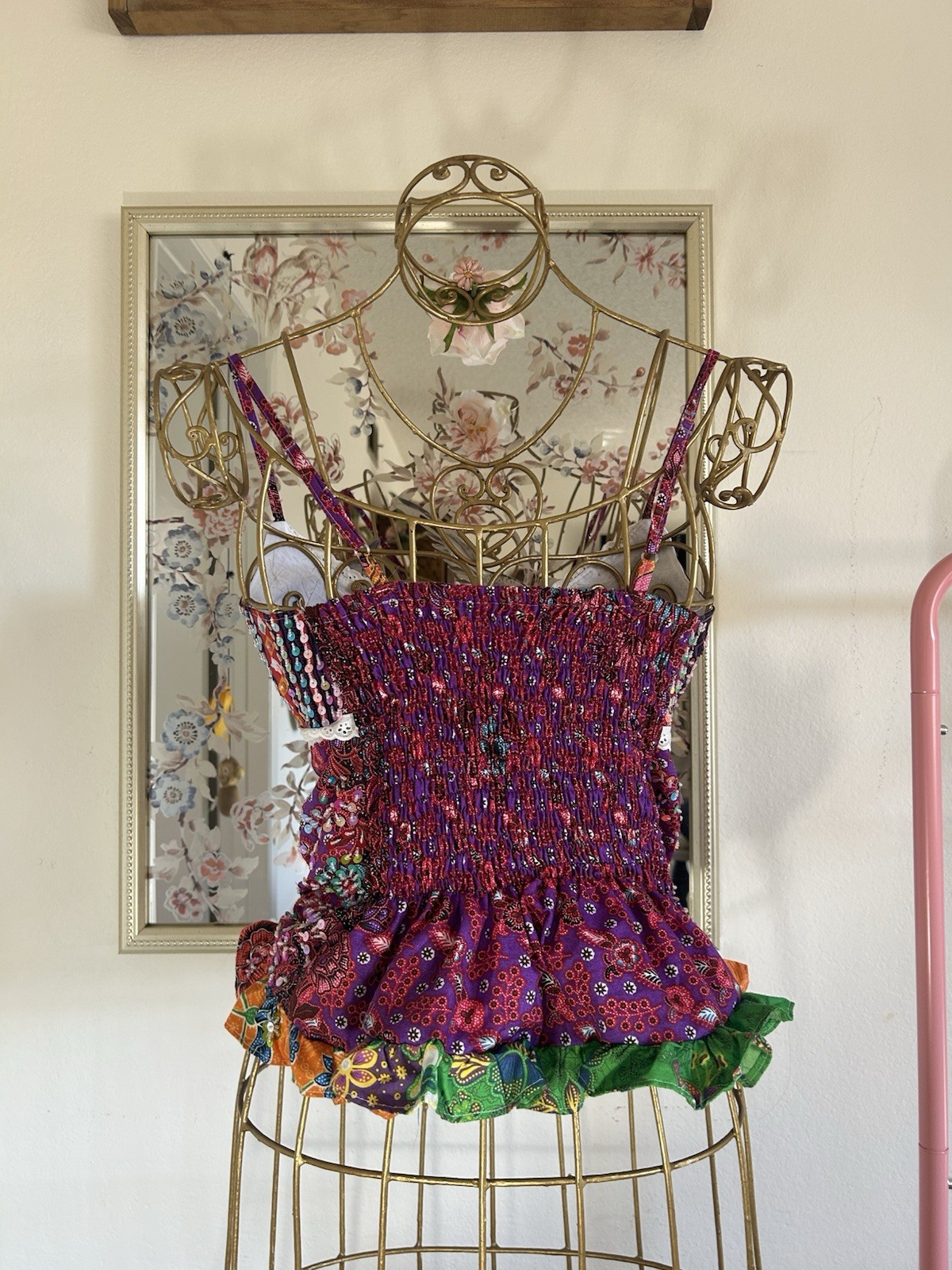 Women’s One Size Multicolor Floral 100% Cotton Sequin Camisole Hand Embroidered