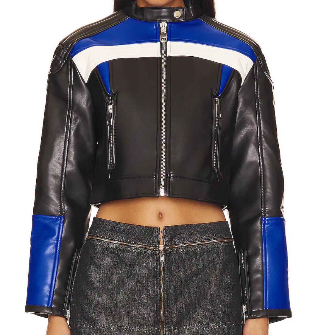 Lioness Moto Biker Cropped Jacket, Size M, Black Blue Faux Leather – $129