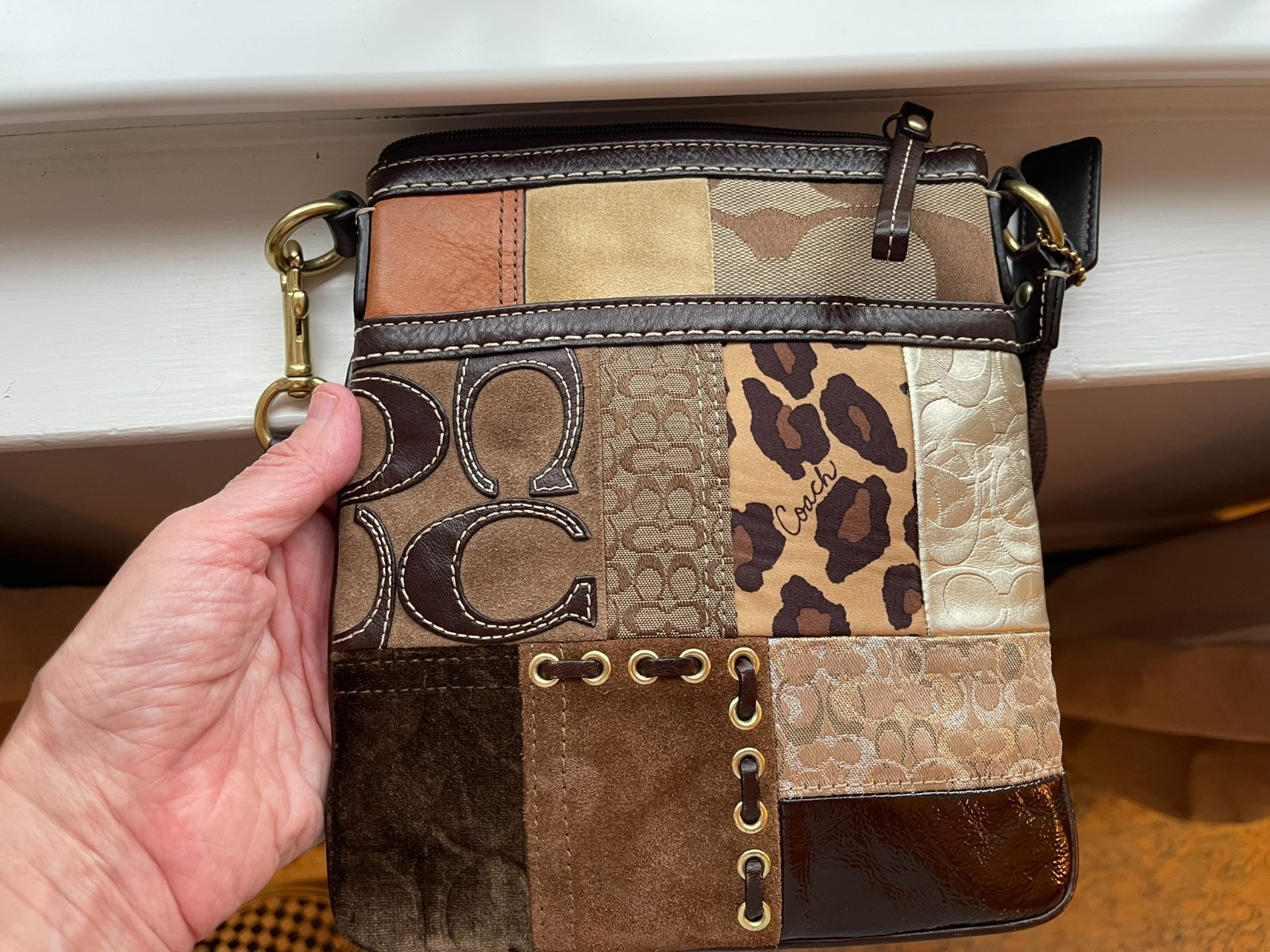 Coach Patchwork Swingpack Crossbody + Matching Wristlet Y2K Mixed Media Leopard