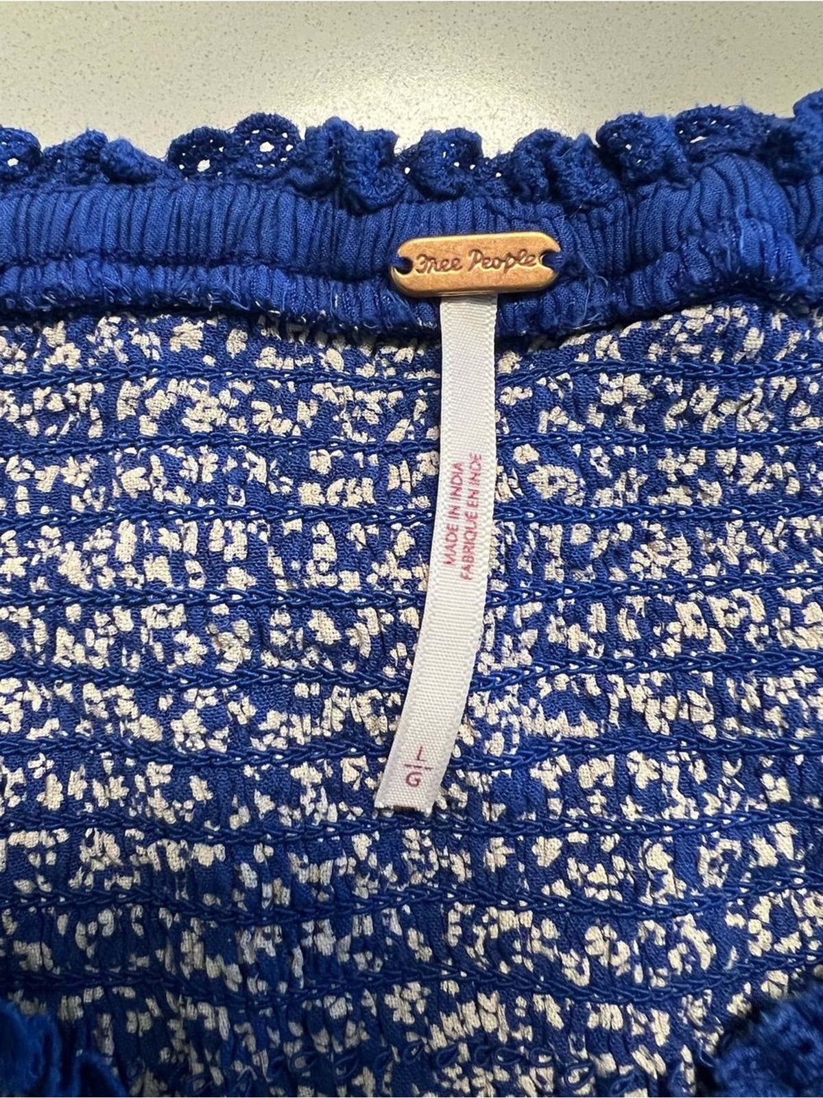 FREE PEOPLE Britnee Blue White Floral Smocked Peplum Puff Sleeve Top 📐L
