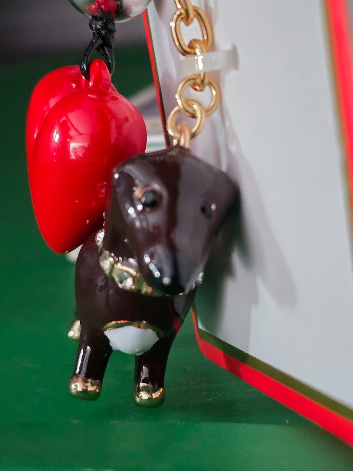 Piper K Glass Stone Hand Painted Dachsund Heart Bag Charm Keychain