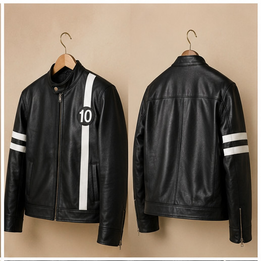 Ben 10 Inspired Mens Black Leather Biker Jacket Handmade Premium Bomber Jacket