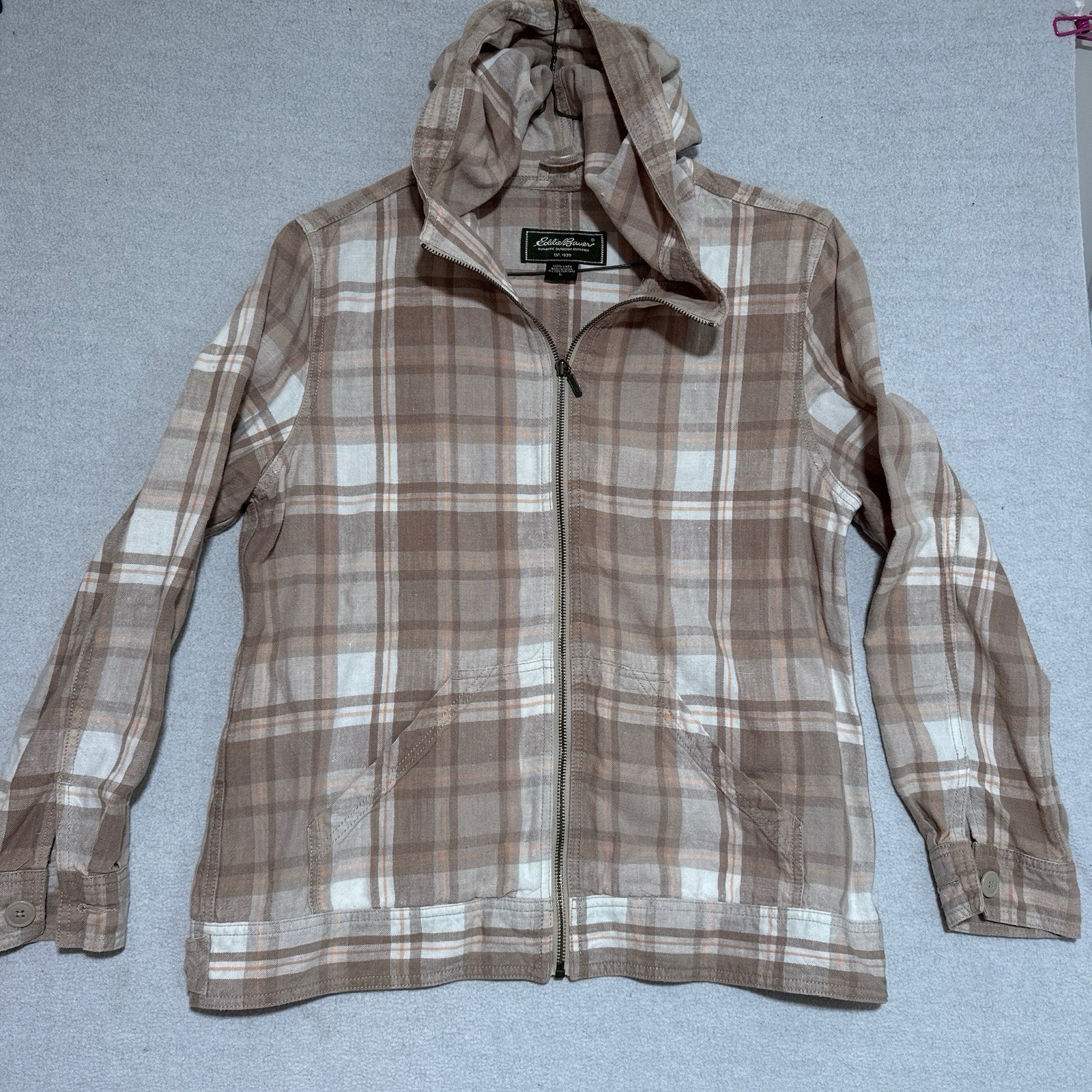 Eddie Bauer Women’s Plaid Hooded 100% Linen Full Zip Jacket Beige/White Large