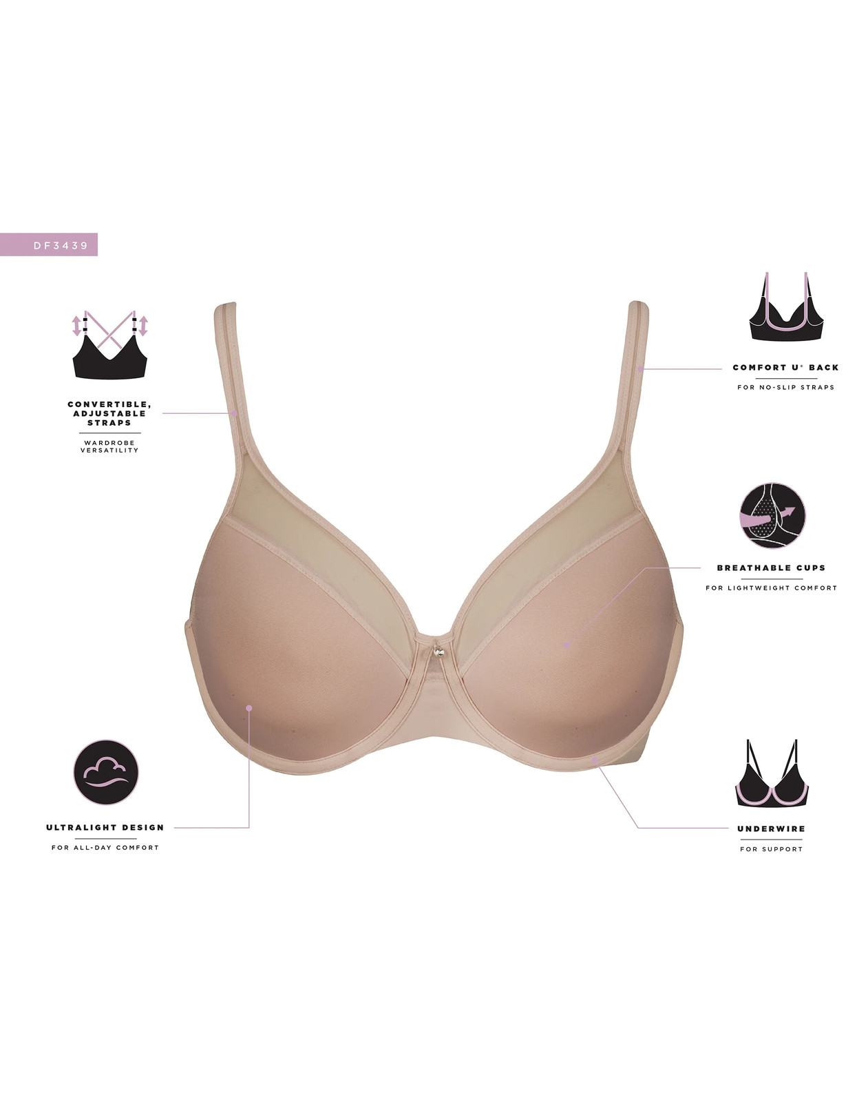 Bali Underwire Bra One Smooth U Ultra Light Illusion Neckline Convertible Women