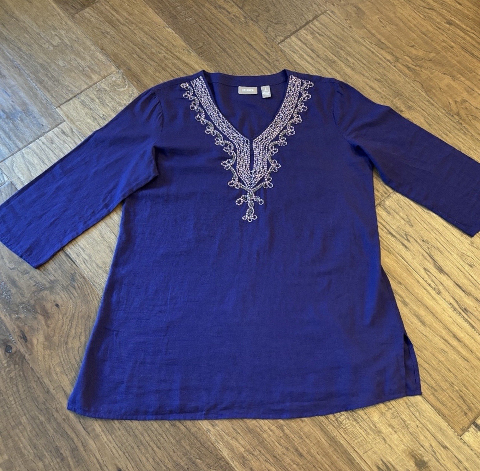 Chico’s Dark Purple V Neck Embellished Cotton Tunic Size 1 Reg 8/10 Med