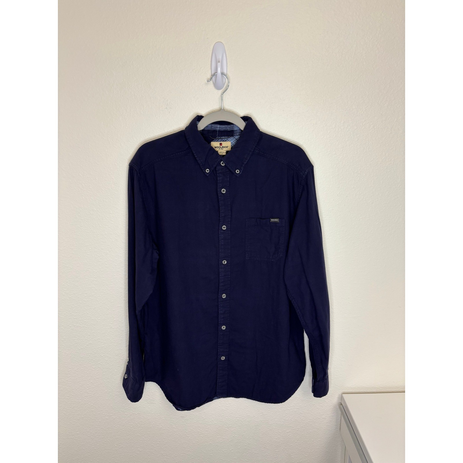 2 Woolrich Mens Button Front Shirt L Cotton Long Sleeve Plaid Lined Navy Gray
