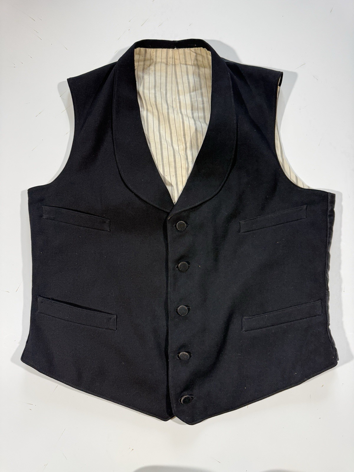 Antique Victorian Mens Black Silk Satin Lined Buckle Back Formal Vest Waistcoat