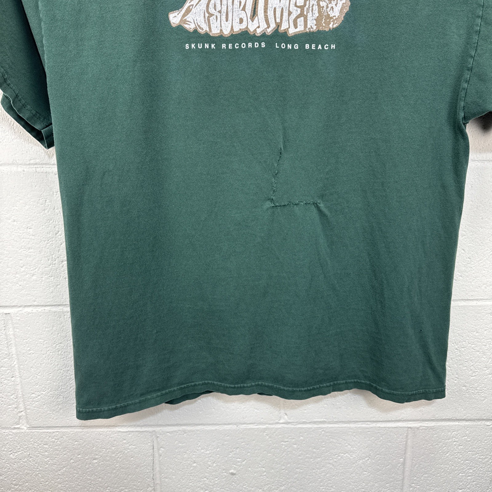 VINTAGE SUBLIME SKUNK RECORDS LBC Joint Logo 90’s T Shirt XL Green Repaired RARE