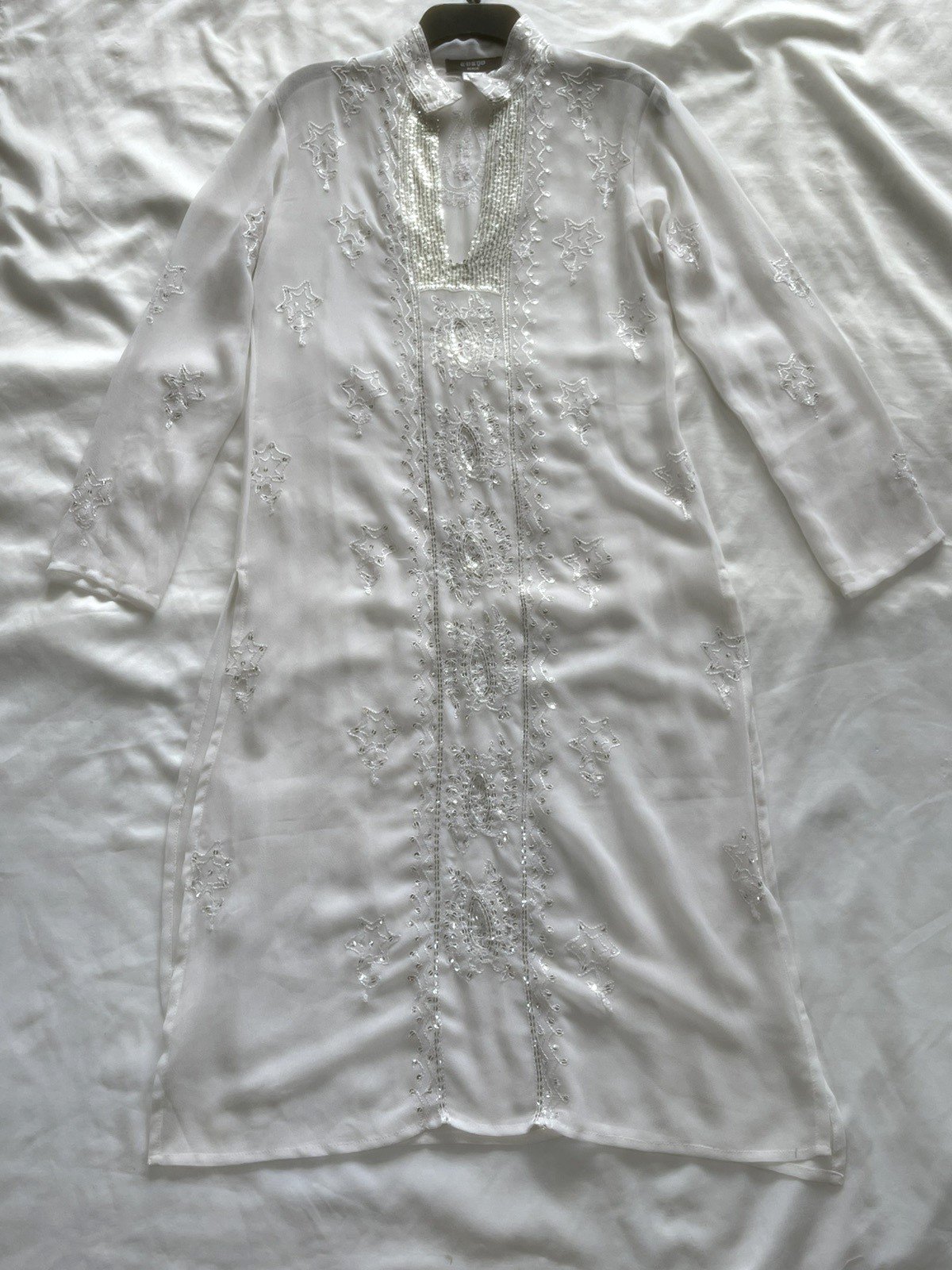 Tokyo Denim Beaded Embroidered Sheer White Floral Silver Sequin Dress M Size