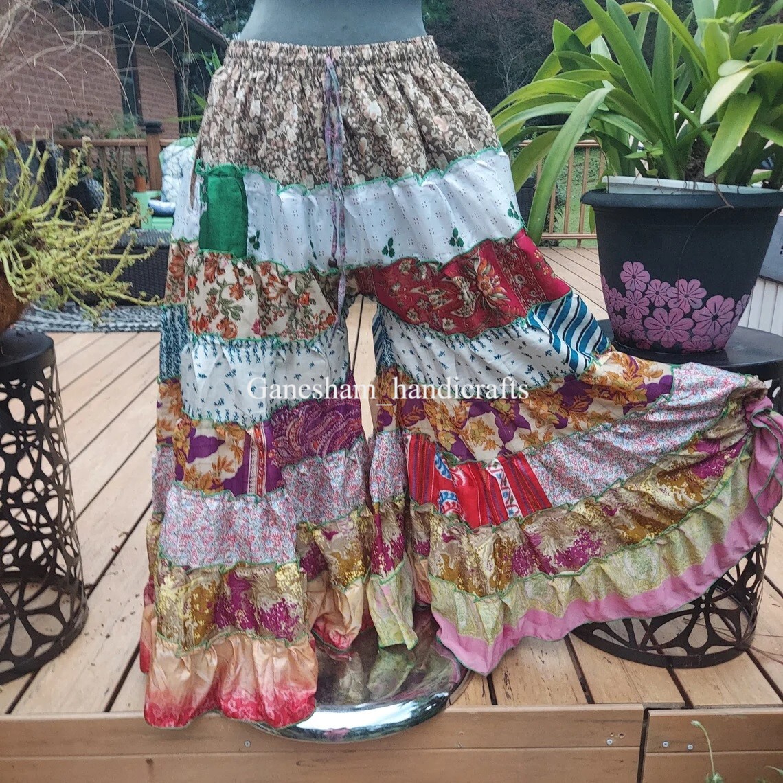 1 Pcs OF Indian Vintage Sari Printed Boho Gypsy Wide-Leg Palazzo Pants Trousers