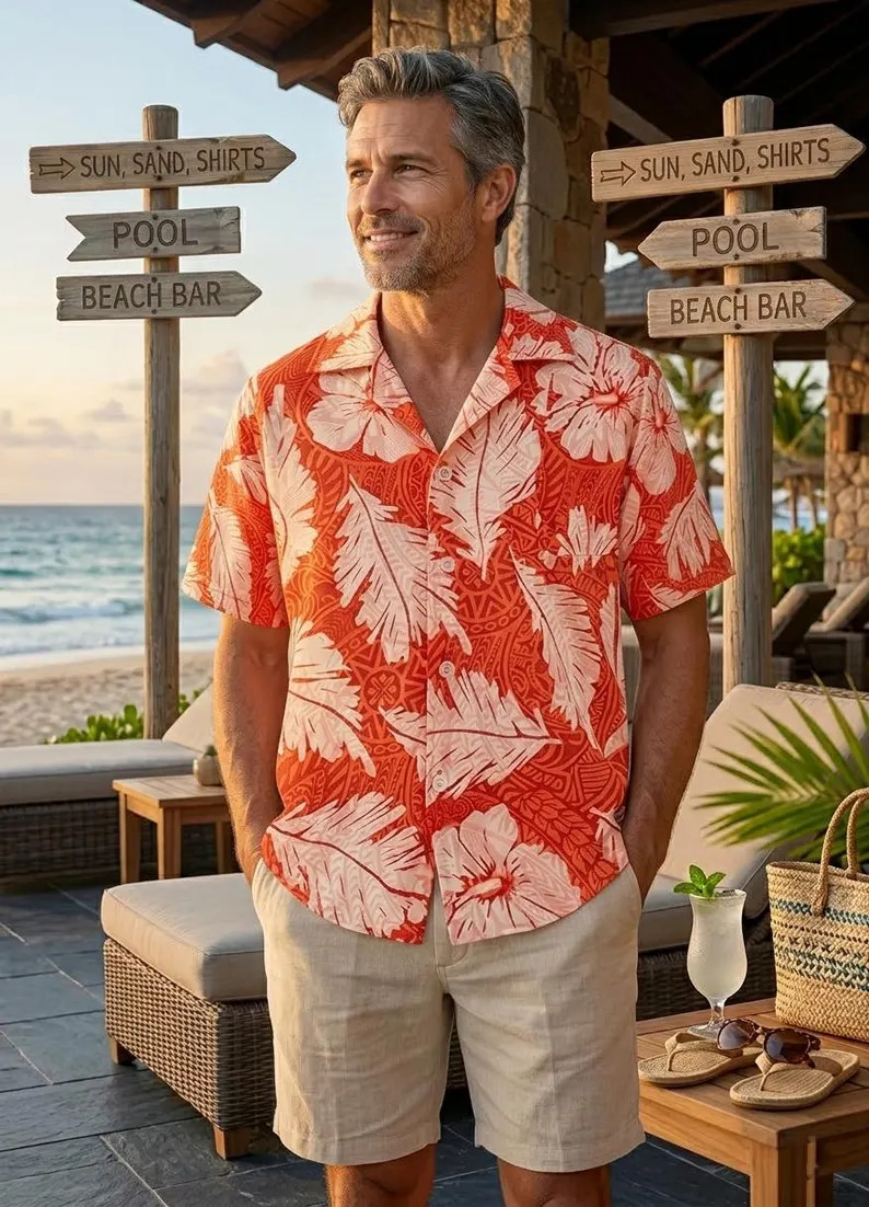 Mens Orange Leaf Flower Hawaiian Shirt Tropical Aloha