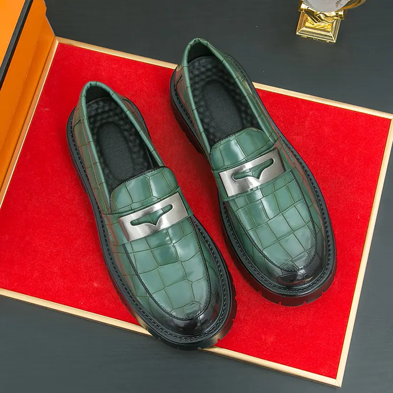 Men’s Slip On Alligator Pattern Platform Faux Leather Dress Shoes Thick Sole New