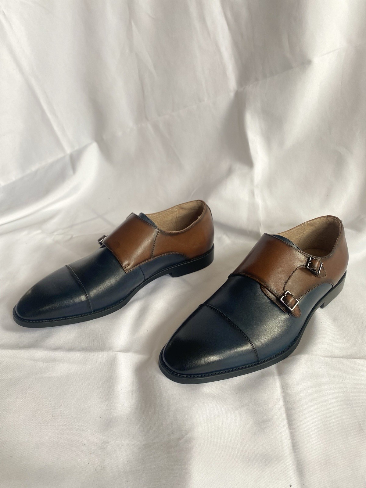 Stacy Adams Raythorne Cap Toe Double Monk Strap Navy Brown Leather Oxford Men 11