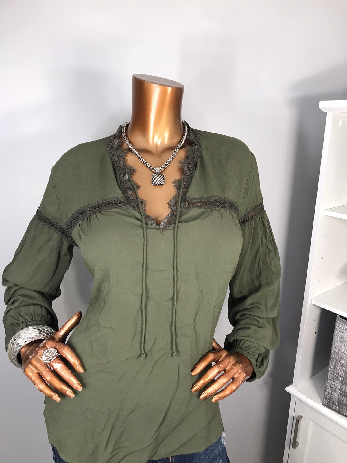 Express S Top Olive Green Lace Trims Low Cut Neck Tie Strings Blouse Soft LiteWt