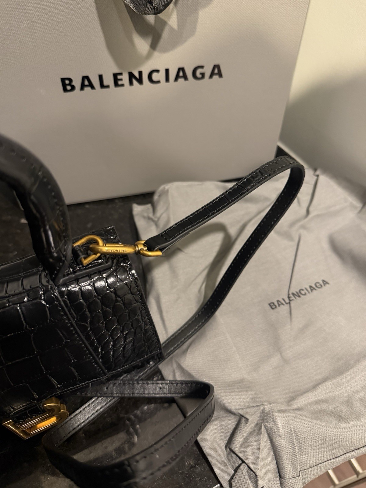 Balenciaga Black Croc Embossed Top Handle Bag w/ Gold B Logo & Strap