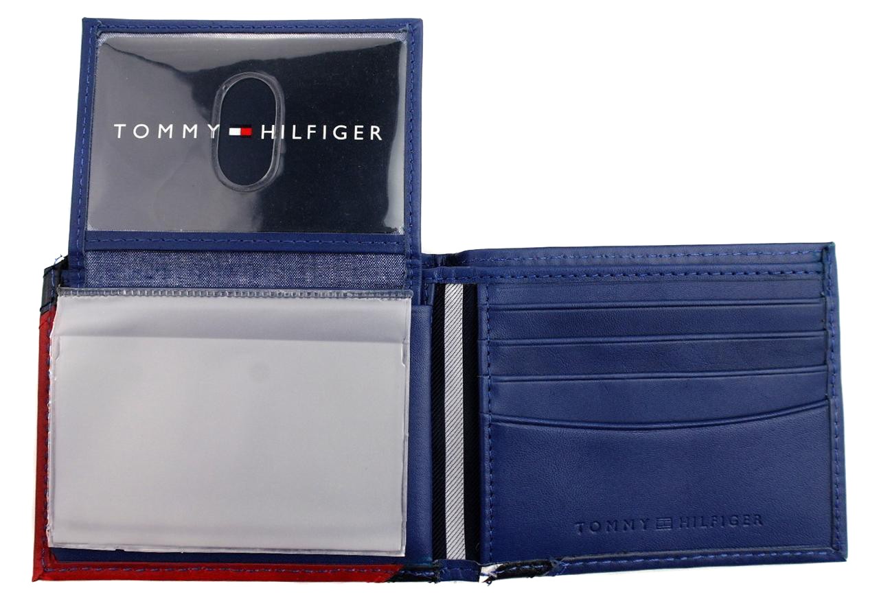 Tommy Hilfiger Men’s Leather Wallet Passcase Billfold Red Navy 31TL22X051