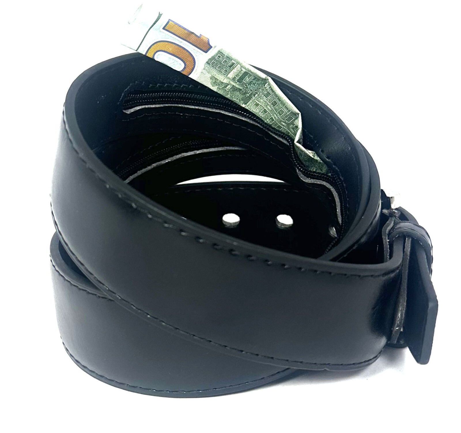 16″ Zipper. 1-1/2″ Width Leather Black Money Belt Size: M, L or XL available