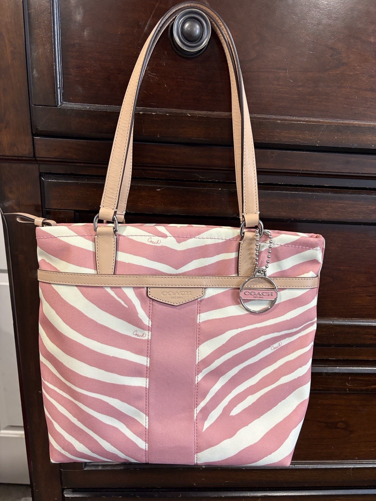 Coach Pink White Zebra Print Tote Bag Zip Closure Double Handles Bag Charm