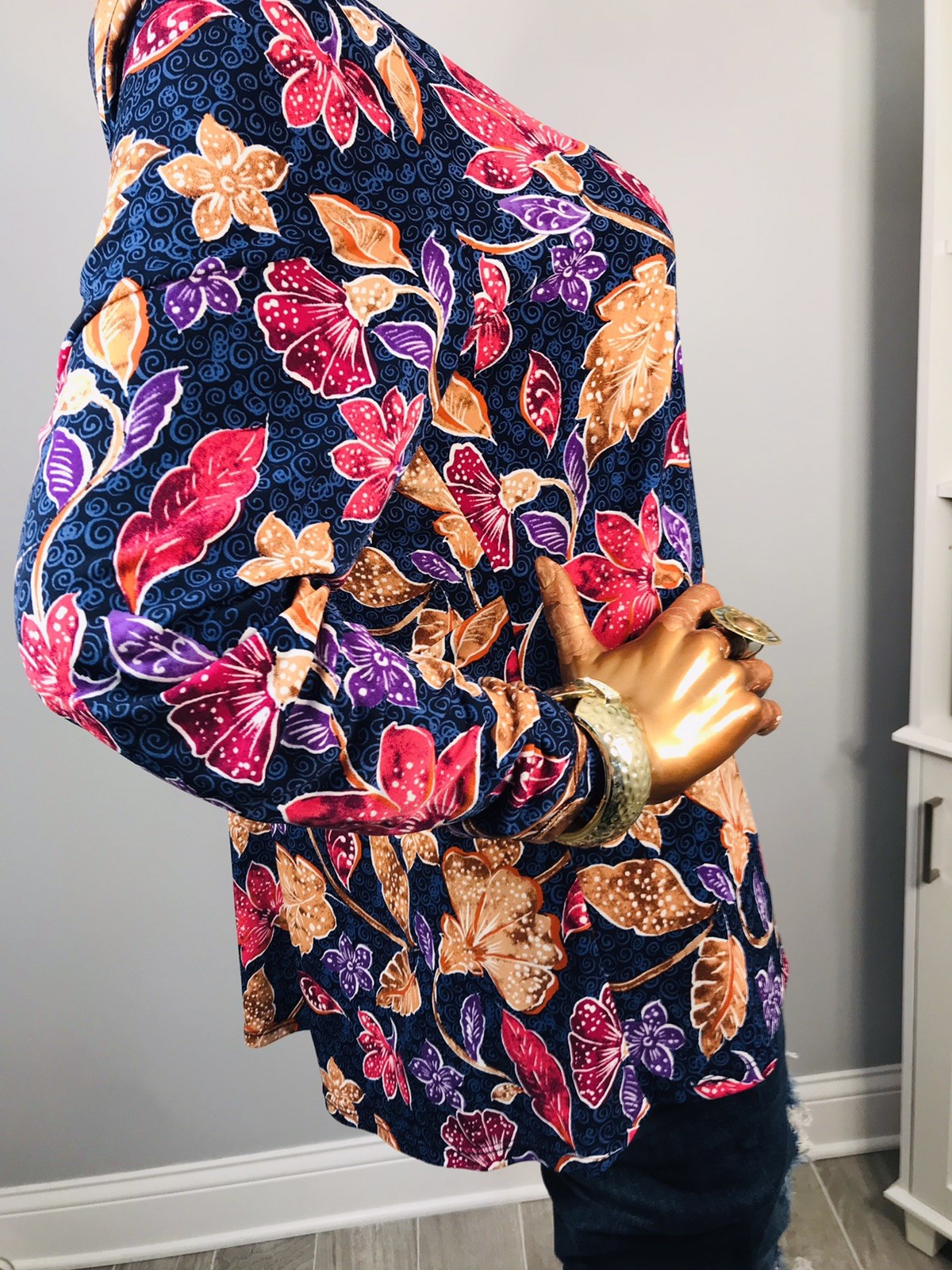 Susan Graver L Top Stretch Loose Fit Floral Prints Blouse Tunic Long Slv Low Cut
