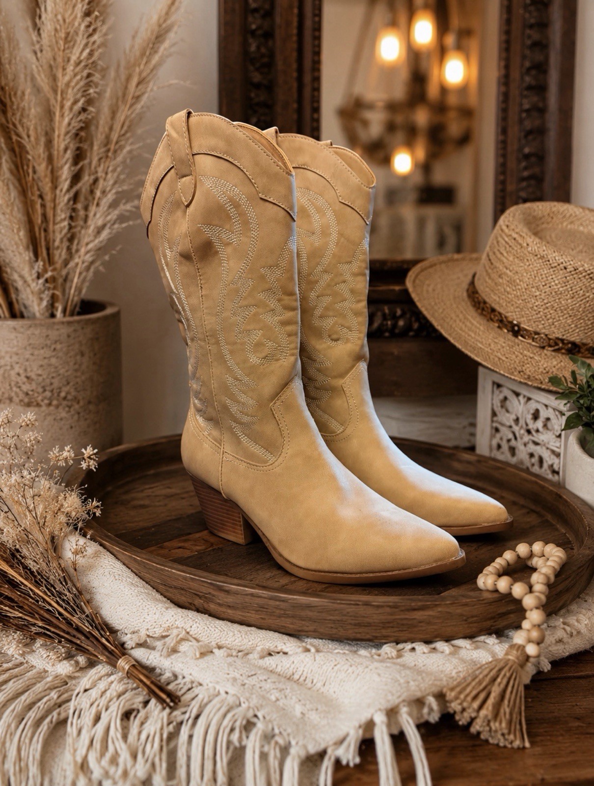 Indigo Rd. Womens Beige Western Knee High Boots Pointed Toe Block Heel Pull On