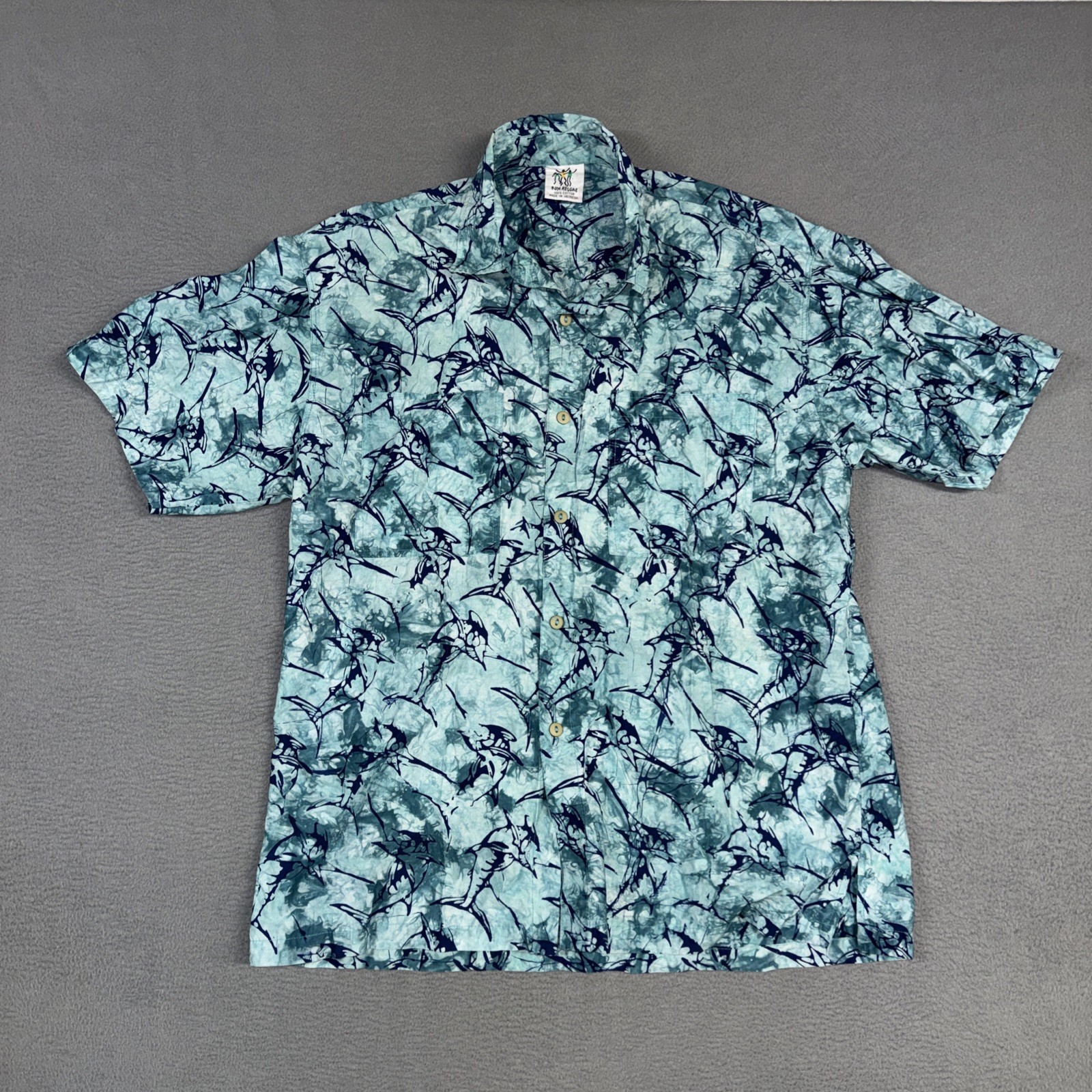 Rum Reggae Shirt Mens M Blue Fish Print Hawaiian Short Sleeve Button Up Cotton