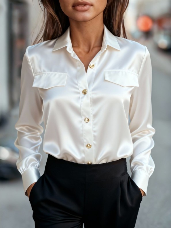 Women Satin Button Down Shirt Long Sleeve Collared Solid Casual Office Blouse