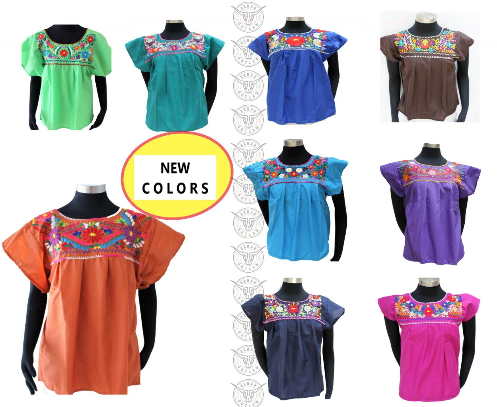 Mexican Peasant Blouse Hand Embroidered Top Assorted Colors Vintage Style Tunic