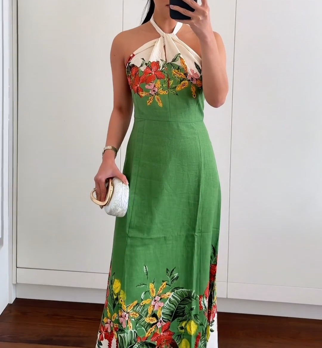 NWT H&M Linen-blend Halterneck Dress Green/flowers 1329753001 Sizes S, M, L