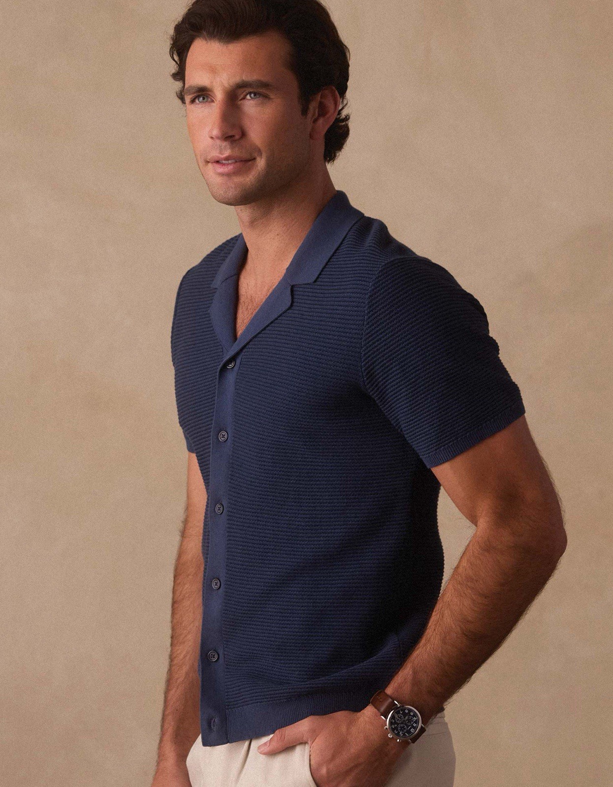 Normal Brand Robles Birdseye Knit Camp Button Up Size Large $129 MSRP Navy