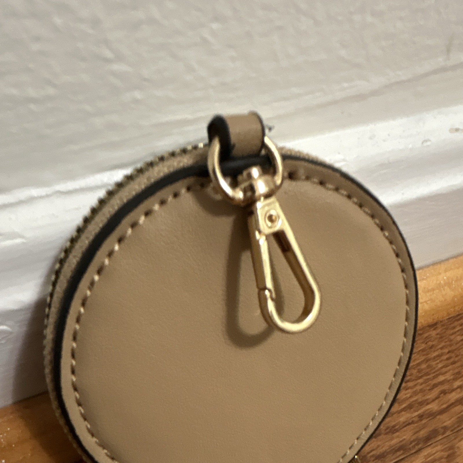 Beige Faux Leather Round Zip Coin Purse Key Chain Solid Women’s