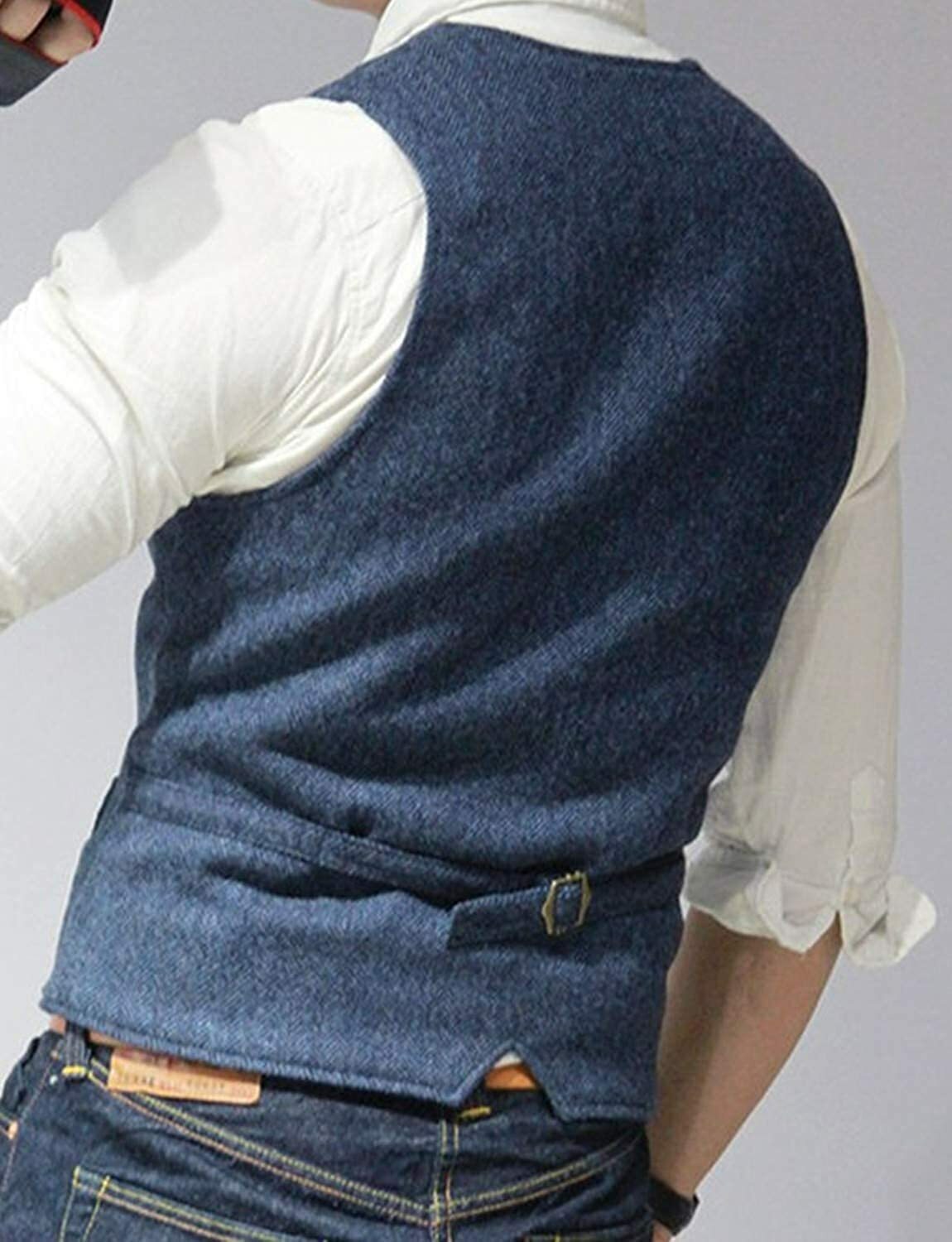 Mens Tweed Suit Vest Retro Herringbone Western Groom Formal Dress Waistcoat Vest