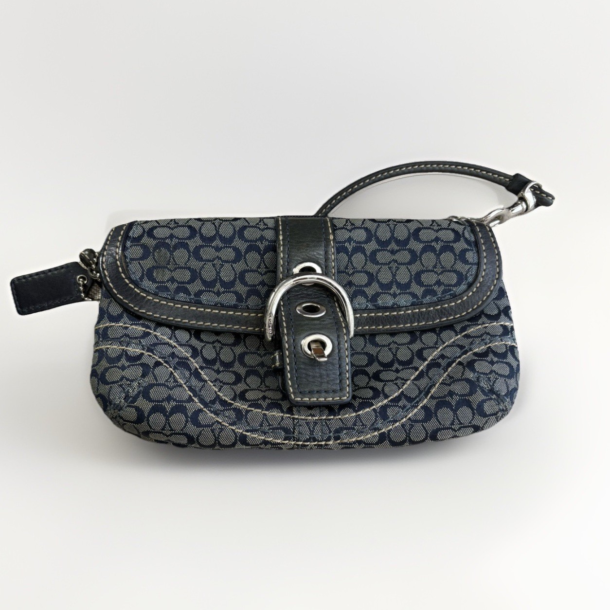 Vintage Coach Soho Signature C Buckle Wristlet Blue Jacquard Canvas Leather Trim