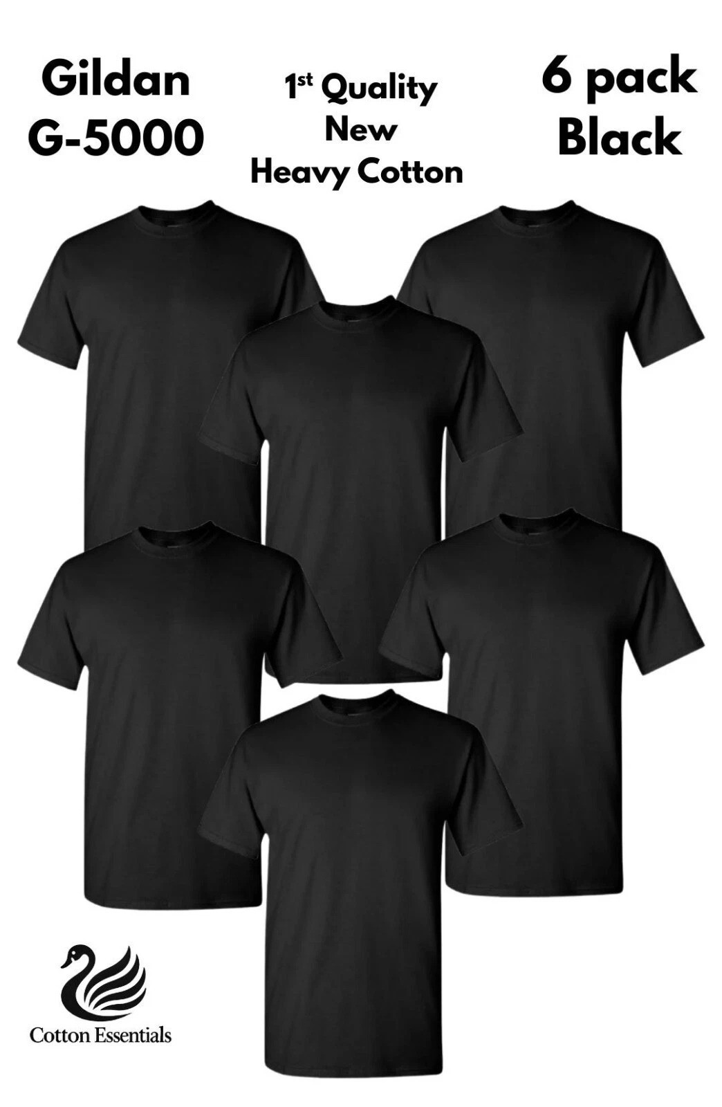 Gildan (6-pack) Black Solid Heavy Cotton Short Sleeve Blank T-Shirt S-2XL