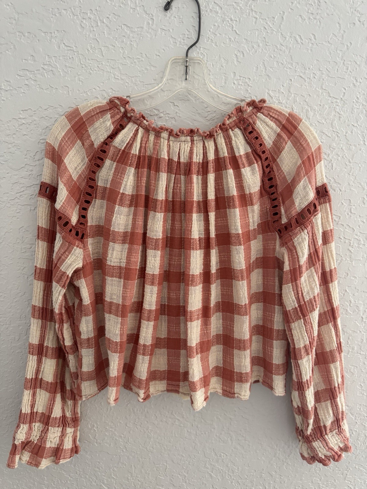 Free People Gingham Peasant Top Small Peachy Pink Cotton Boho Cottagecore Gauzy