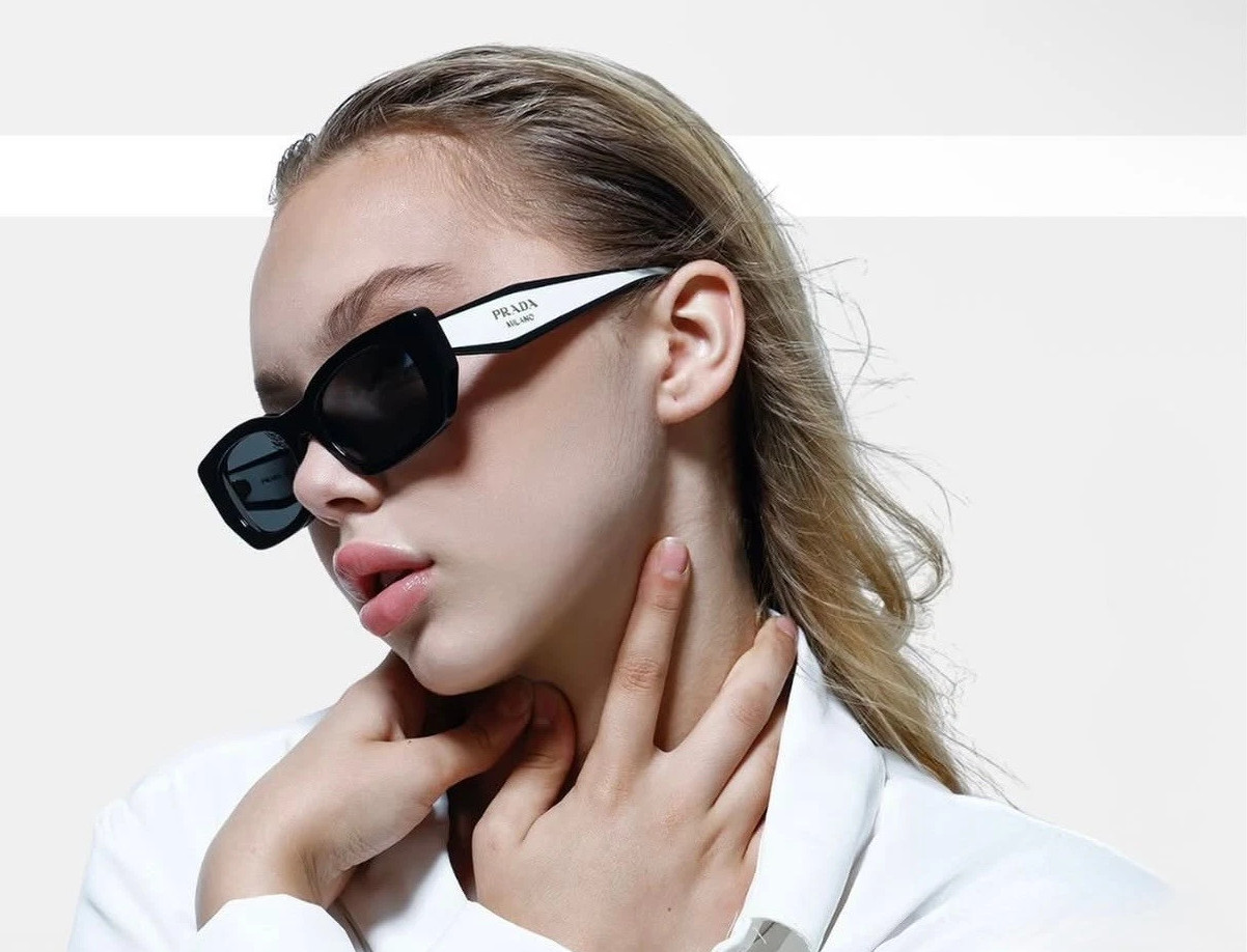 Prada PR B05S 09Q08Z Rectangle Sunglasses in Black and White /Gray Lens 100% UV