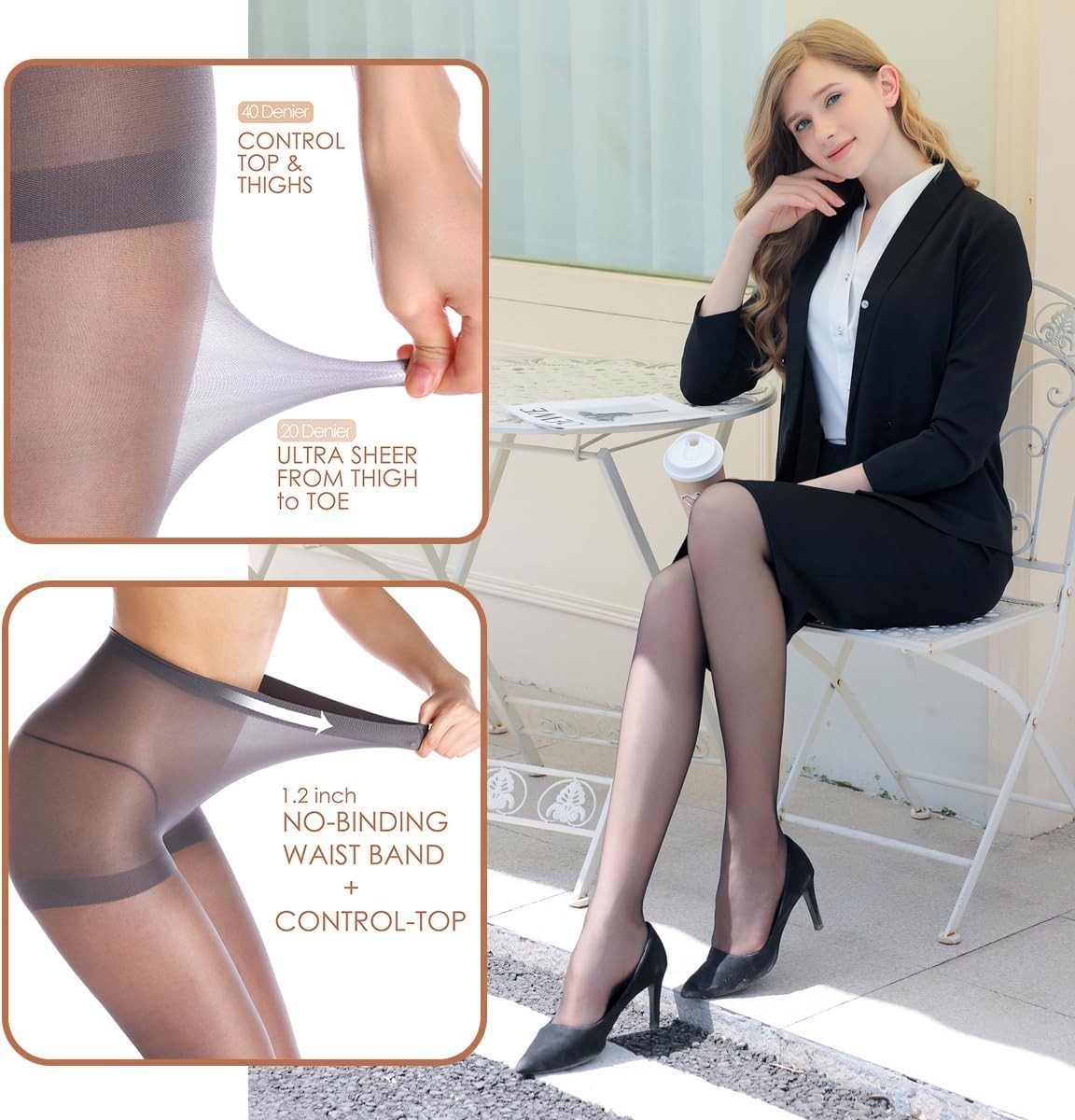 3 Pairs Women’s Sheer Tights – 20D Control Top Pantyhose with Reinforced Toes