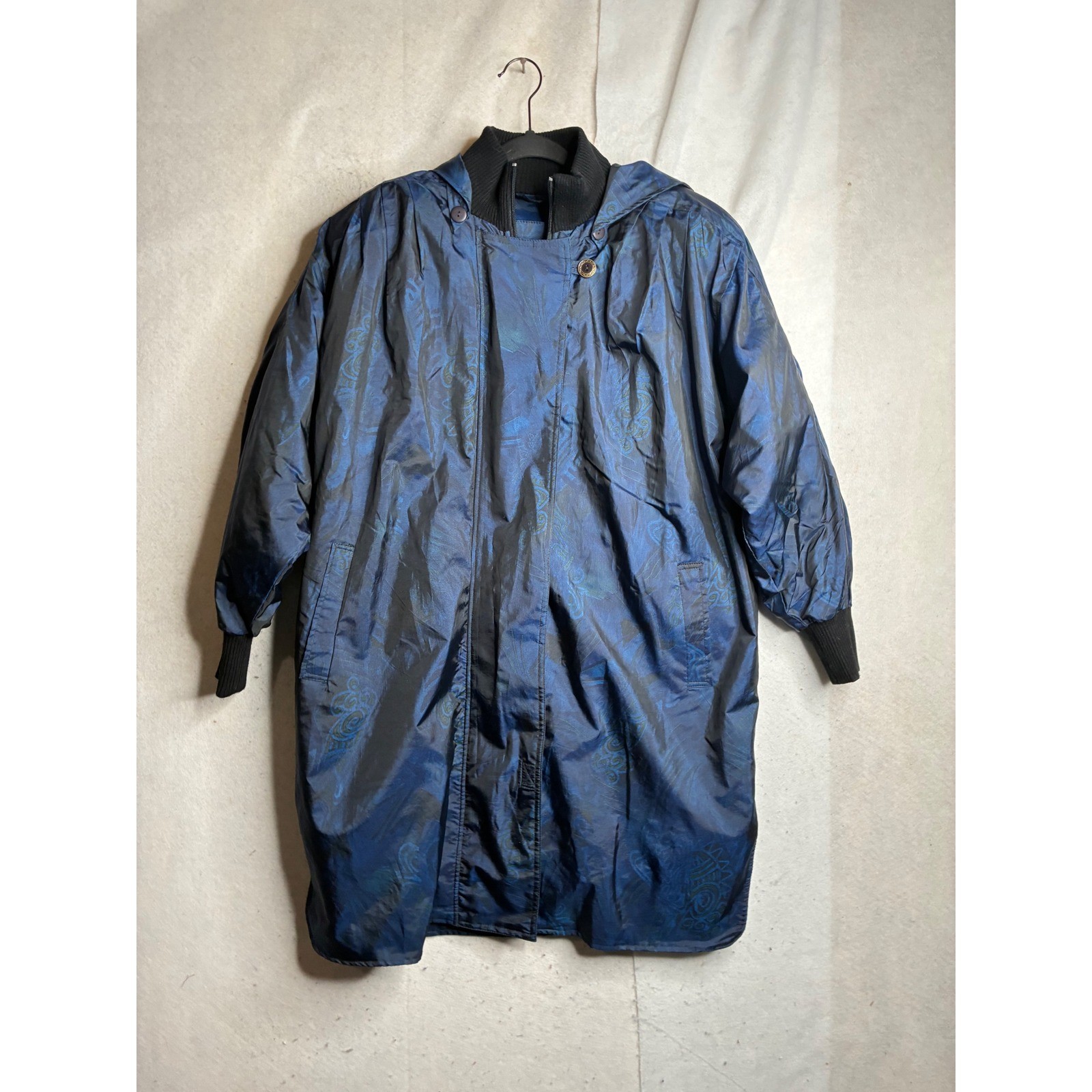 Monica Gray Vintage Blue Paisley Iridescent Hooded Parka Jacket Womens Medium