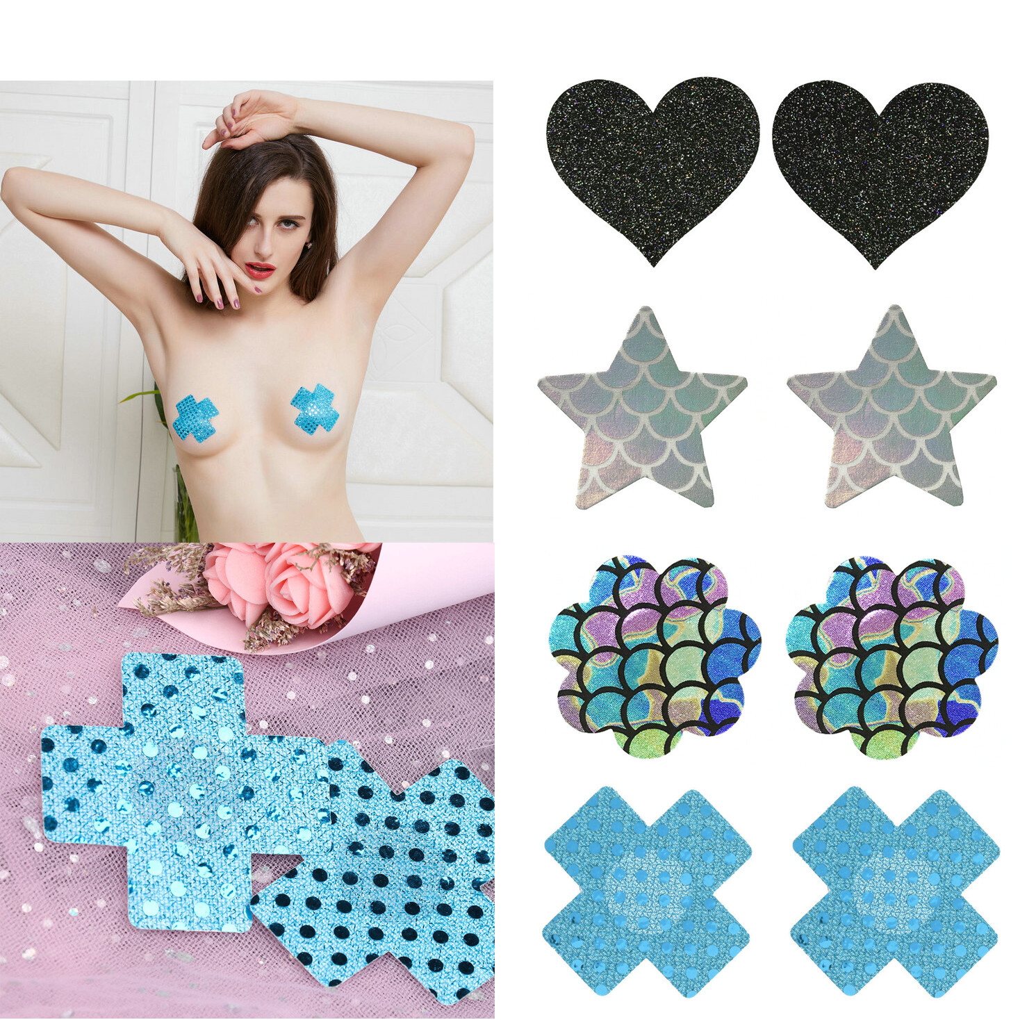 4 Pair Assorted Shape Self-Adhesive Sexy Satin Nipple Cover Pasties Disposable