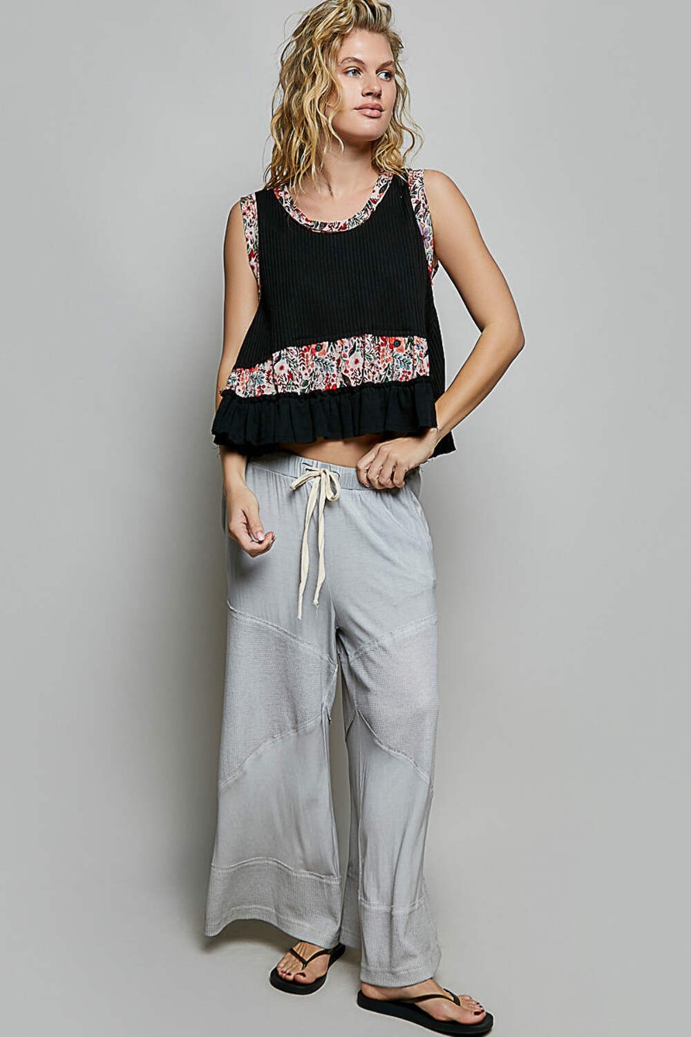 POL Floral Print Patche Round Neck Ribbed Tank with Double Gauze Ruffle Accents