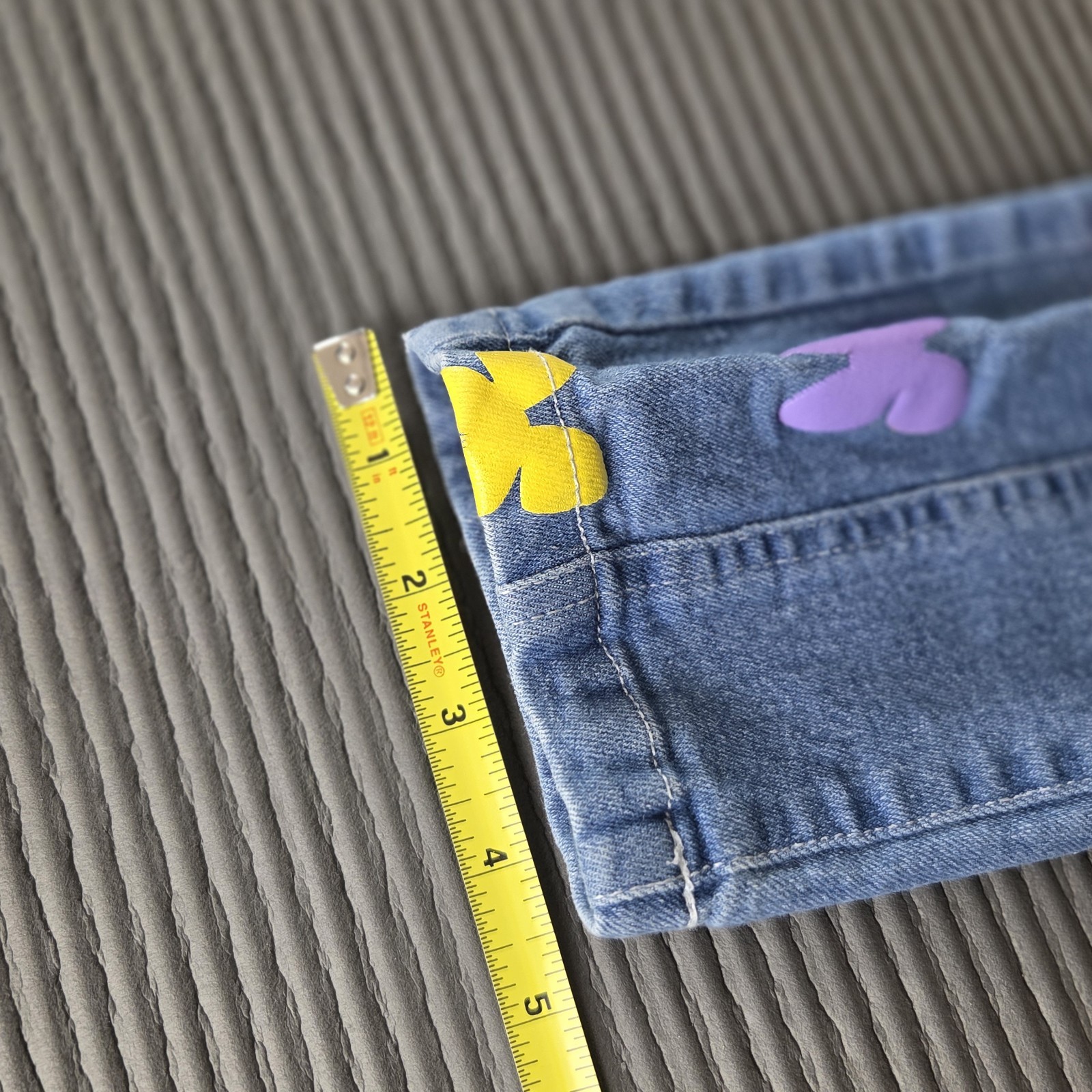 Girls Blue Denim Pull-On Straight Jeans, Butterfly Print, Elastic Waist 5-6Y Xsm