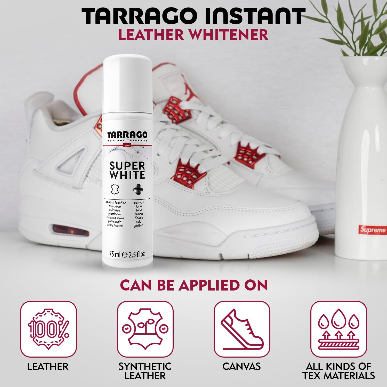 Tarrago Super White Shoe Whitener Instant Cleaner for Sneakers, 75Ml