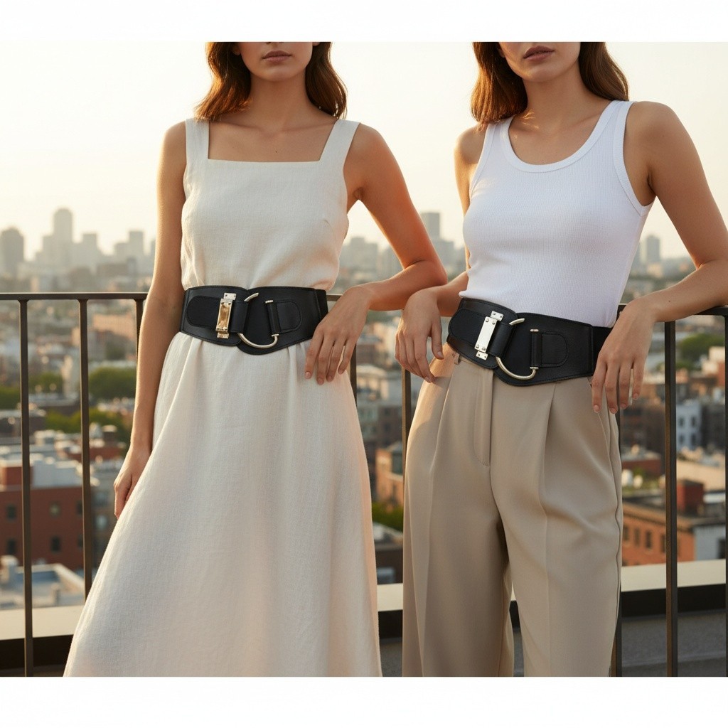 Women Black Wide Elastic Fashion Hip Waist Belt SILVER Metal Hook Buckle Fit S M